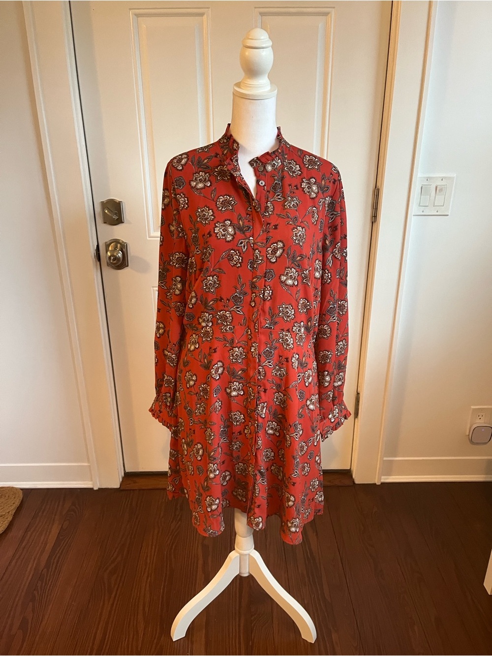 LOFT Rust Floral Button-Front Long Sleeve Dress
